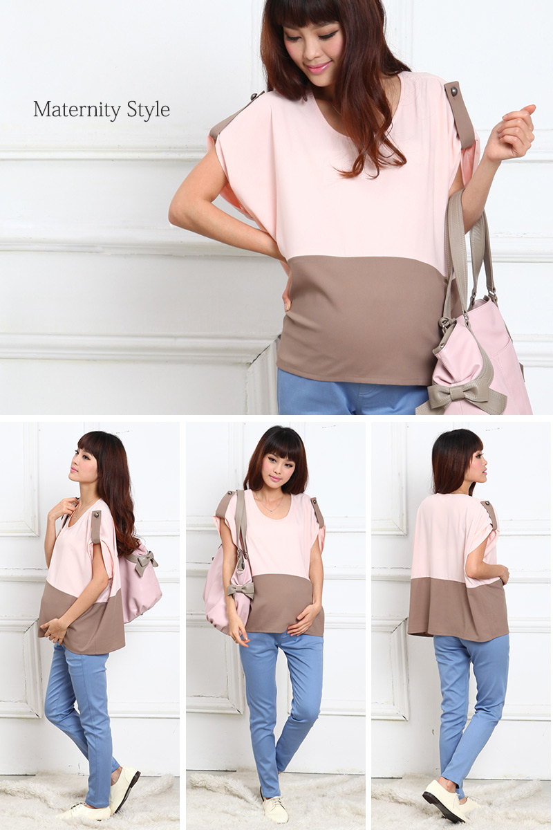 授乳服マタニティ 授乳ケープにもなる バイカラー ロールアップ プルオーバーkt4002 マタニティウェア/トップス/授乳ケープ