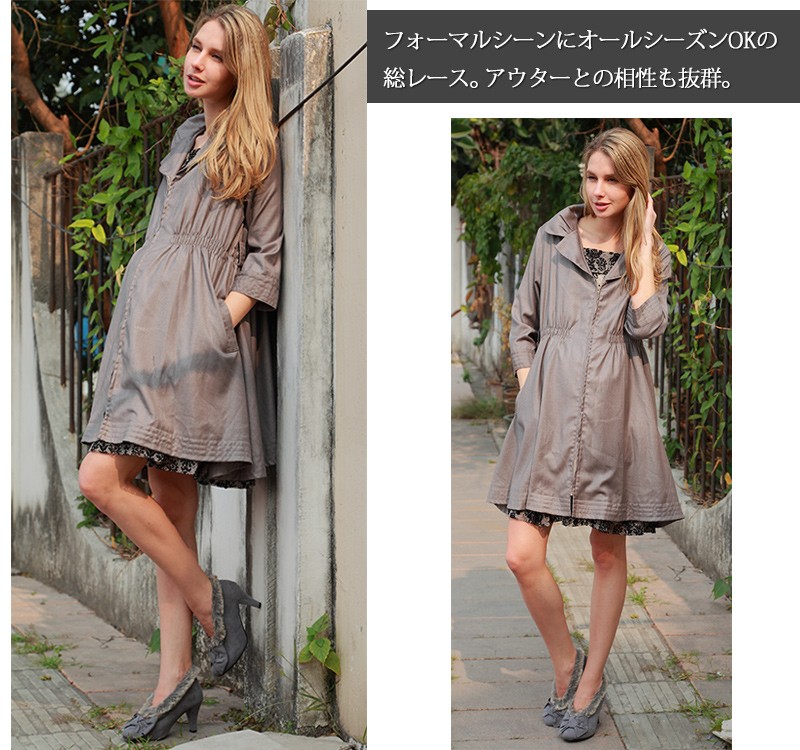 授乳服マタニティ ストレッチレースフロッキープリントワンピース