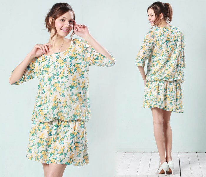 7分袖花柄シフォンワンピース【シャルル】