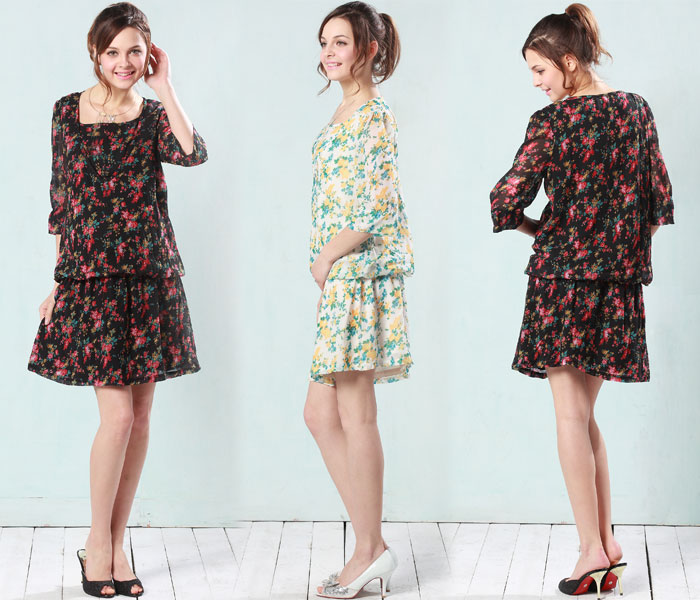 7分袖花柄シフォンワンピース【シャルル】