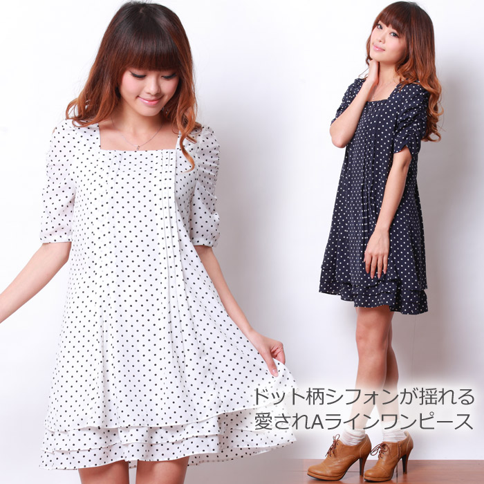 授乳服 ドット柄シフォン タック授乳ワンピース (カティ) 授乳服/マタニティ/半袖/ワンピース