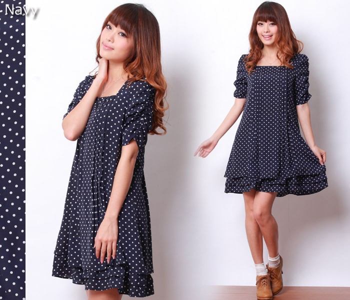 授乳服 ドット柄シフォン タック授乳ワンピース (カティ) 授乳服/マタニティ/半袖/ワンピース