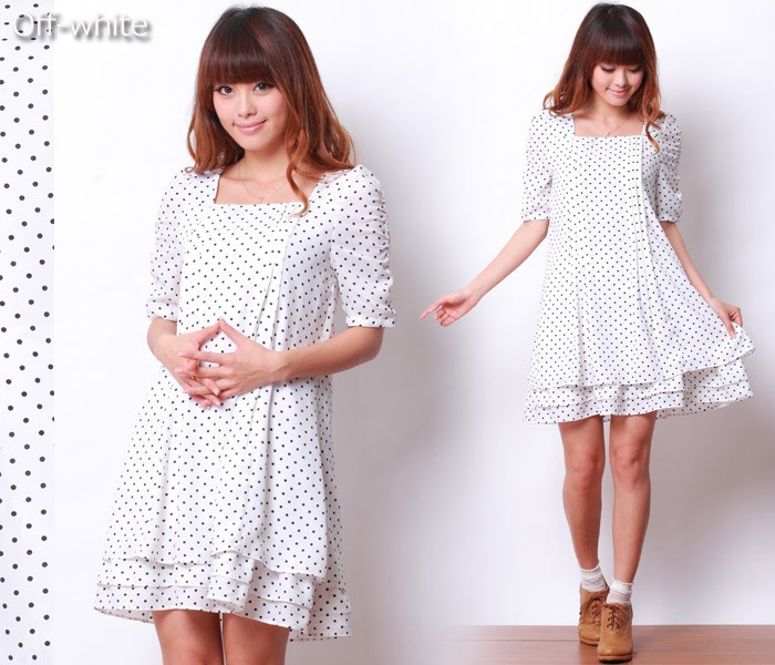 授乳服 ドット柄シフォン タック授乳ワンピース (カティ) 授乳服/マタニティ/半袖/ワンピース