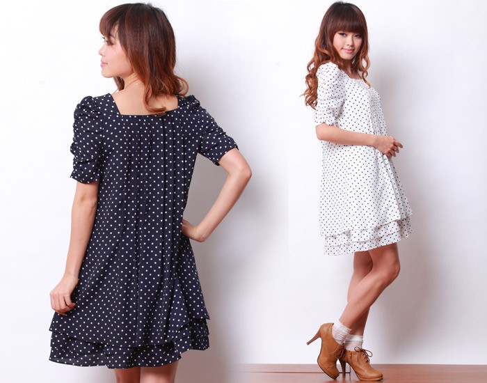 授乳服 ドット柄シフォン タック授乳ワンピース (カティ) 授乳服/マタニティ/半袖/ワンピース