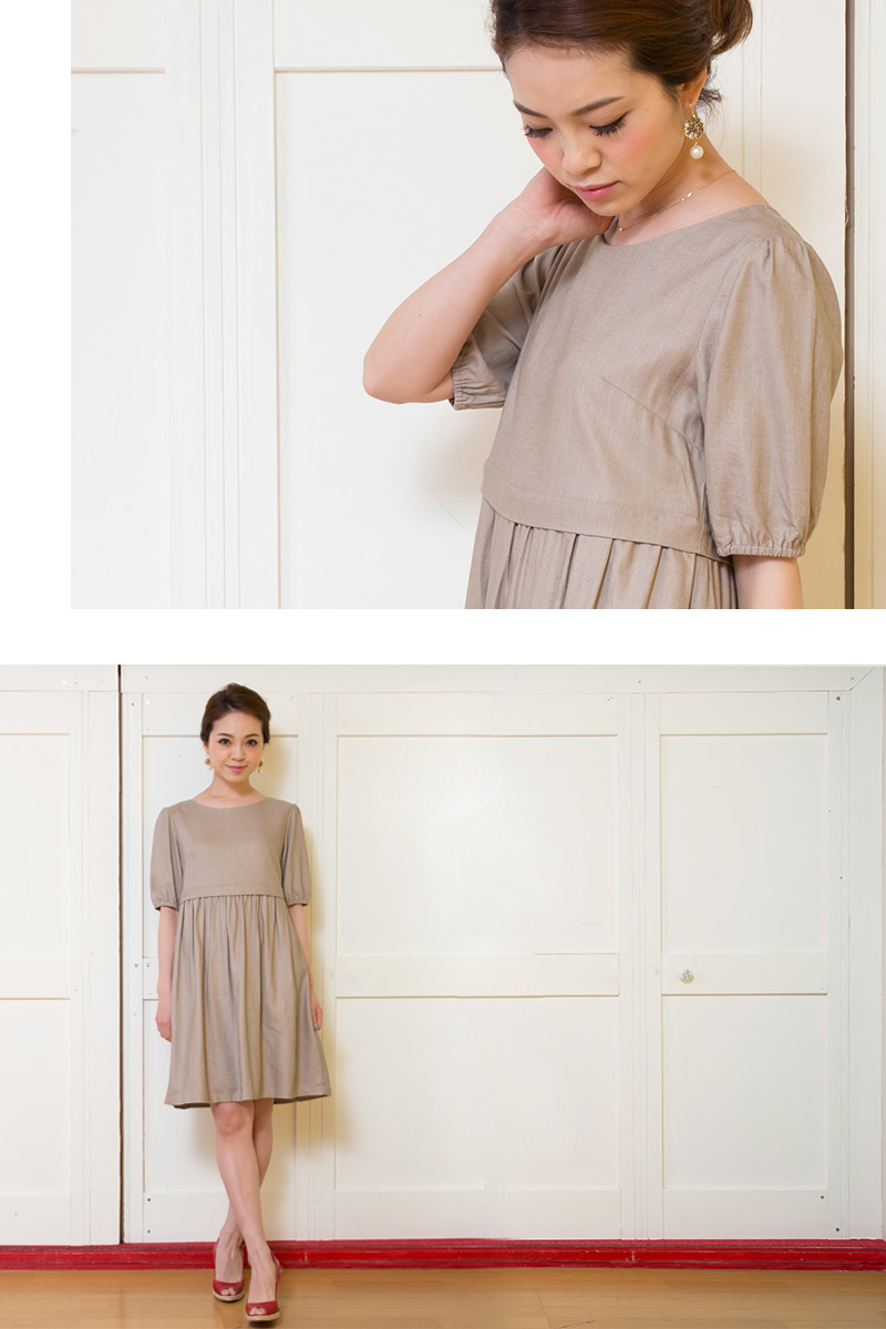 リネンナチュラル授乳服ワンピのベージュ着用イメージ