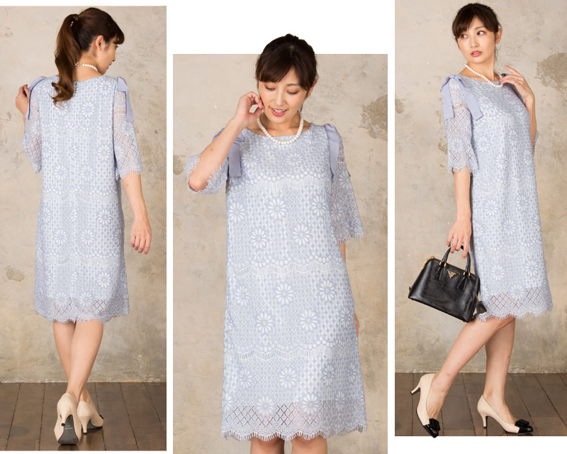 肩のリボンがお顔周りを華やかに彩る授乳服ワンピース