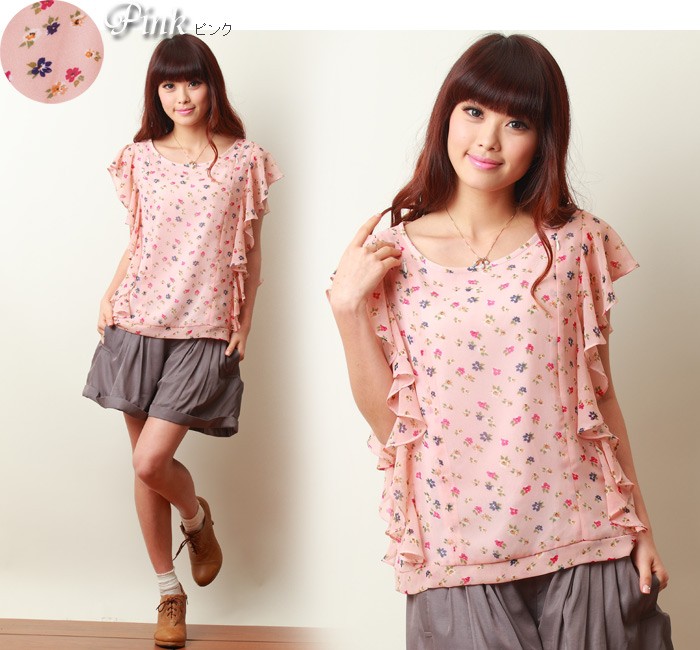 袖フリル プリントシフォントップス 授乳服/トップス/半袖/赤すぐ