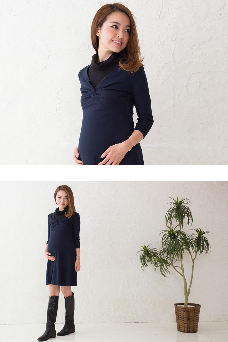 女性らしいネイビーカラーの授乳服ワンピース