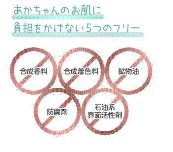 あかちゃんのお肌に負担をかけない6つのフリー:合成香料・合成着色料・鉱物油・防腐剤・石油系界面活性剤 不使用