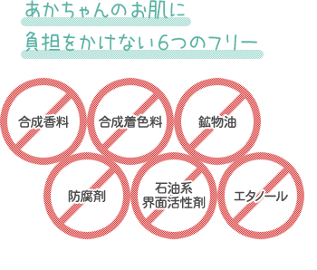 あかちゃんのお肌に負担をかけない6つのフリー:合成香料・合成着色料・鉱物油・防腐剤・石油系界面活性剤・エタノール不使用