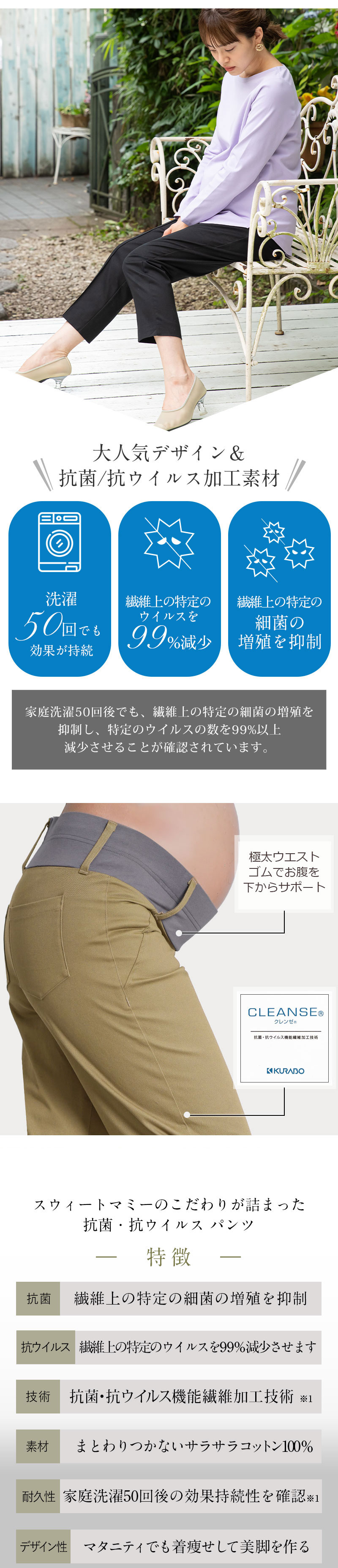 抗菌抗ウイルス加工素材のお守りマタニティパンツ