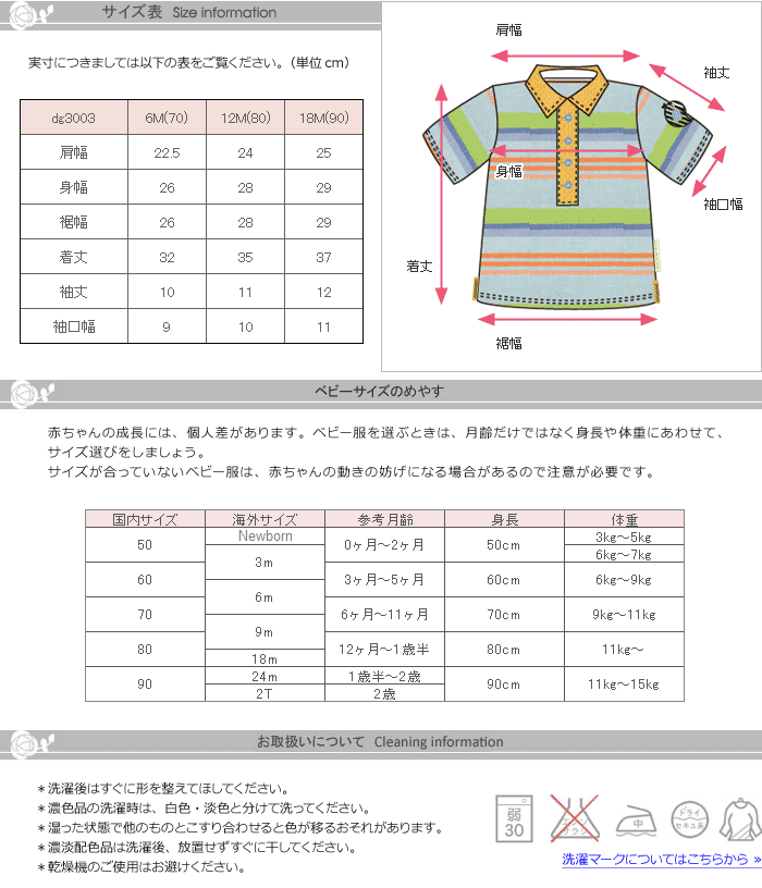 サイズ表、お取り扱いについて