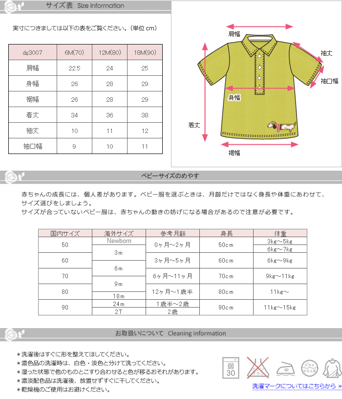 サイズ表、お取り扱いについて