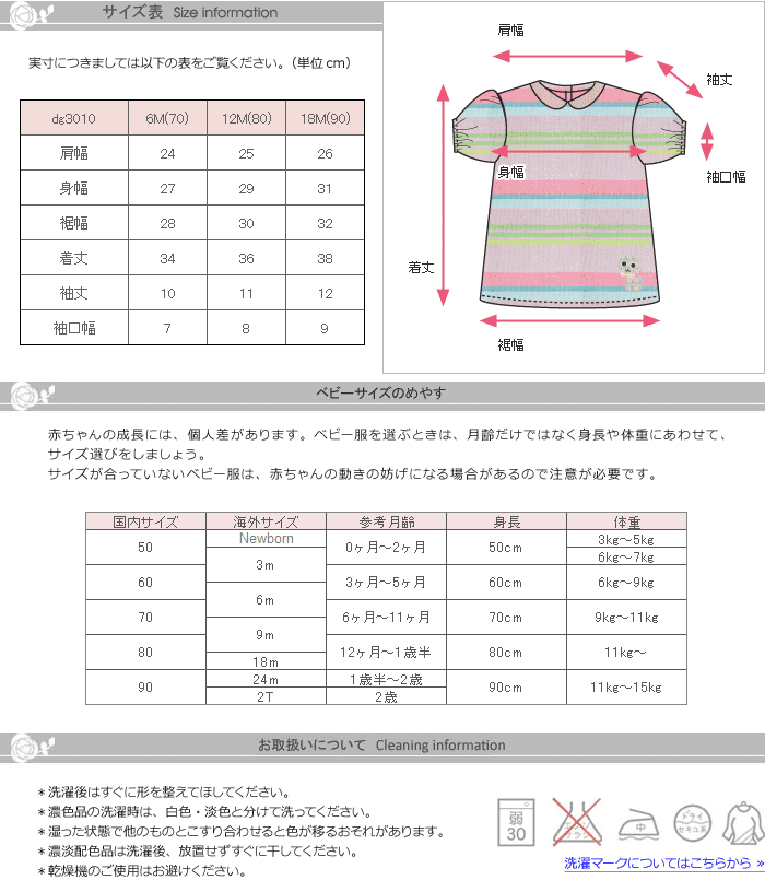 サイズ表、お取り扱いについて