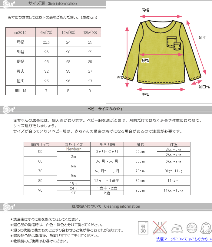 サイズ表、お取り扱いについて