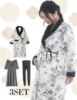 ビッグフラワーガウン マタニティパジャマ 3点セット