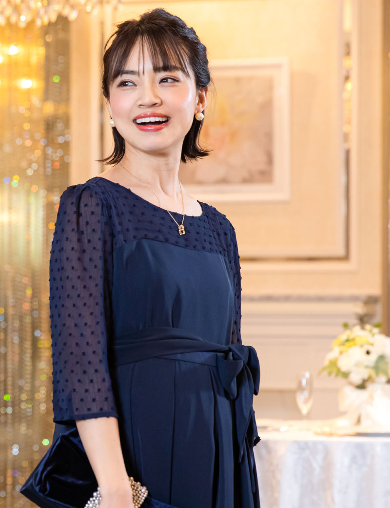 ドットシフォンで切り替えたマタニティロングドレス