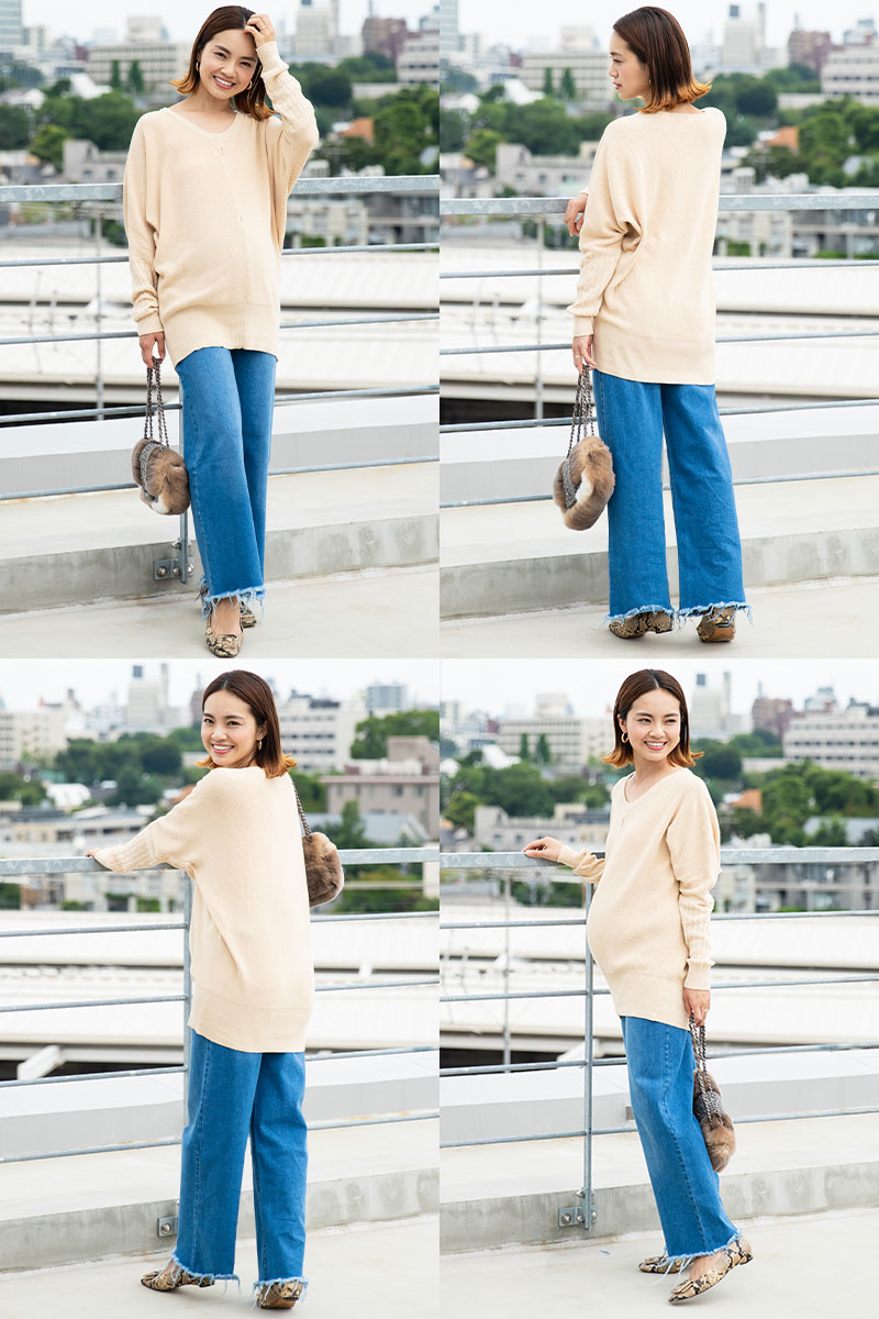 ワイドデニムパンツ、ブルー着用