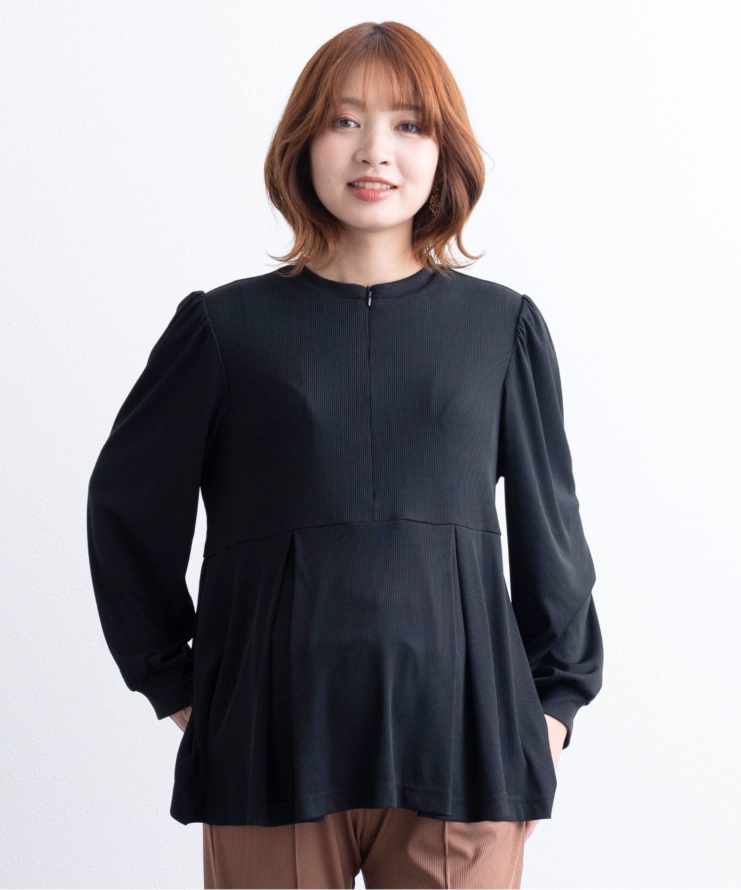 フロントジップ ペプラムトップス マタニティ 授乳服 産後も使える
