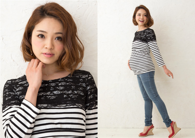 レース&ボーダーの授乳Tシャツのマタニティ着用イメージ
