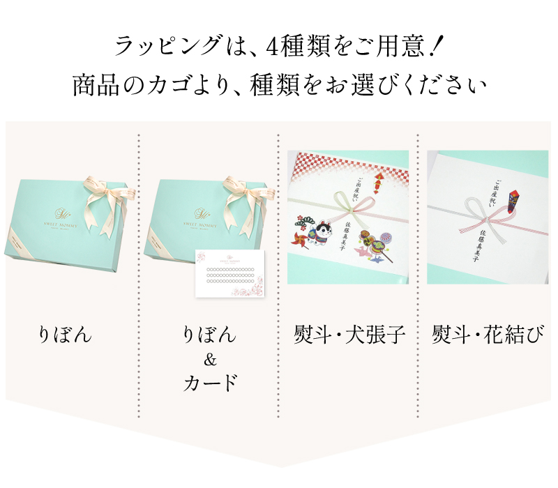 ラッピングは4種類をご用意、商品カゴより種類をお選びください